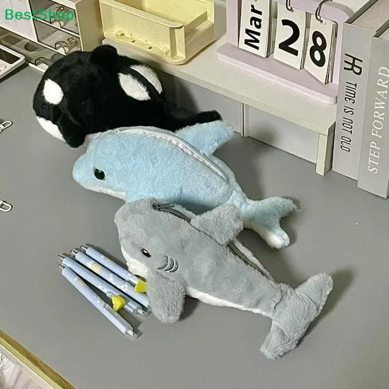 〔R〕Cute Marine Animal Plush Pencil Case - Orca/Dolphin/Shark Stuffed Pen Bag for School Stationery