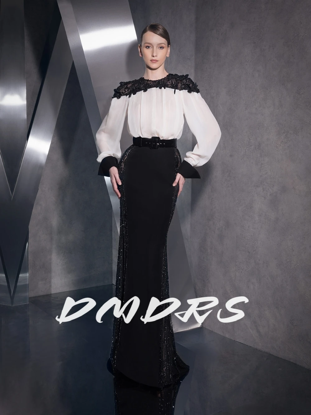 

Elegant Contrast Color Long Sleeves Evening Dress Beaded Mermaid Mother Of the Bride Dresses Customized Flowers Charming Gown