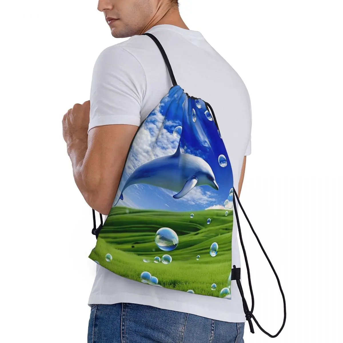 

Frutiger Aero Dolphin Y2k Aesthetic Meadow With Bubbles And Mountains And Sky Backpacks Sports Bag Book Bags for Travel School
