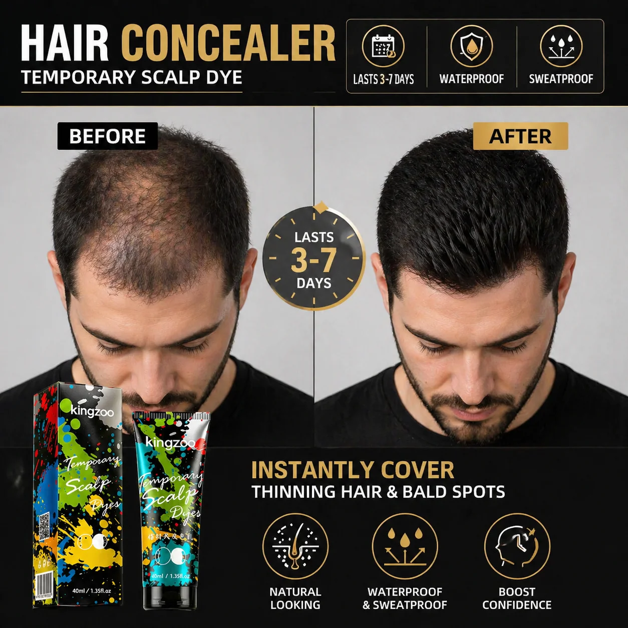 GINZO Hair Concealer for Baldness Dye Hair Corrector Cream for Man Waterproof Fill Up Black Hair Powder Upgraded Home Use 40ml
