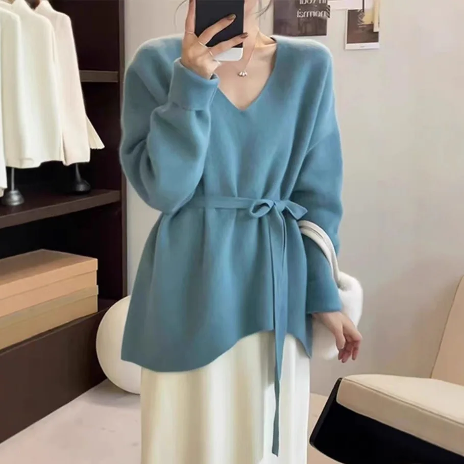 

Korean Style V-Neck Irregular Knitted Sweater Women's Autumn Winter Medium Length Lazy Knitwear Design Sense Belted Top