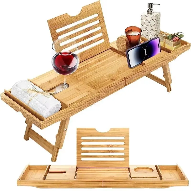 Eco Friendly Bamboo Bathtub Side Table 4 Piece Set with Collapsible Telescopic Arm Customizable for Home and Hotel Use