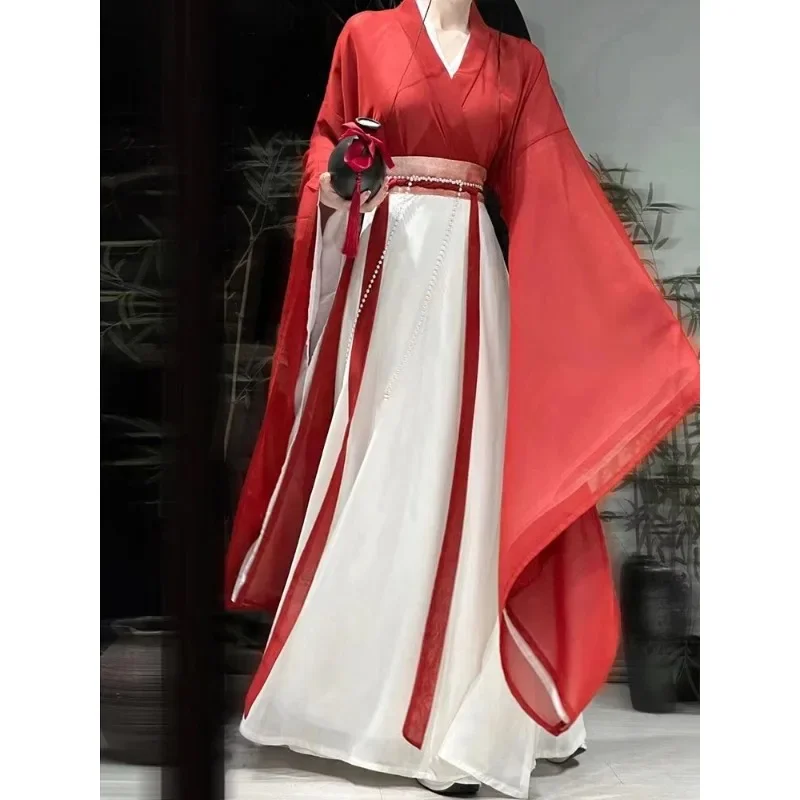 Autumn WeiJin Dynasty Green Red Cross Collar Printed Large Sleeved Princess Hanfu Dress Suit Female Oriental Cospaly Dresses