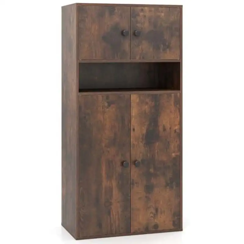111 cm hohes Bücherregal mit 4 Türen, 4-stufiger Aufbewahrungsorganizer mit verstellbarem Regal, rustikales Braun