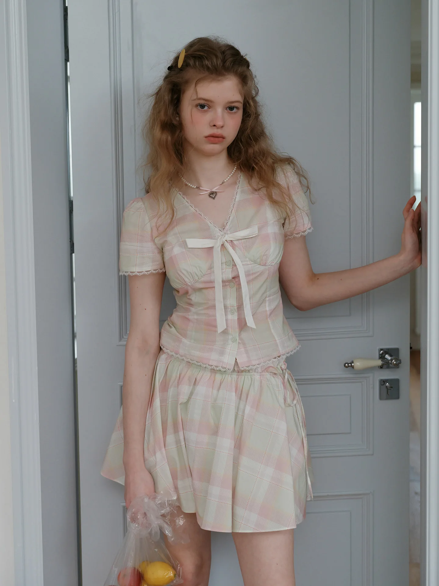 

Korean Style College Preppy A-Line Short Sleeve V-Neck Shirt And Skirt Set Women's Summer Fashion Breathable Cotton Outfit