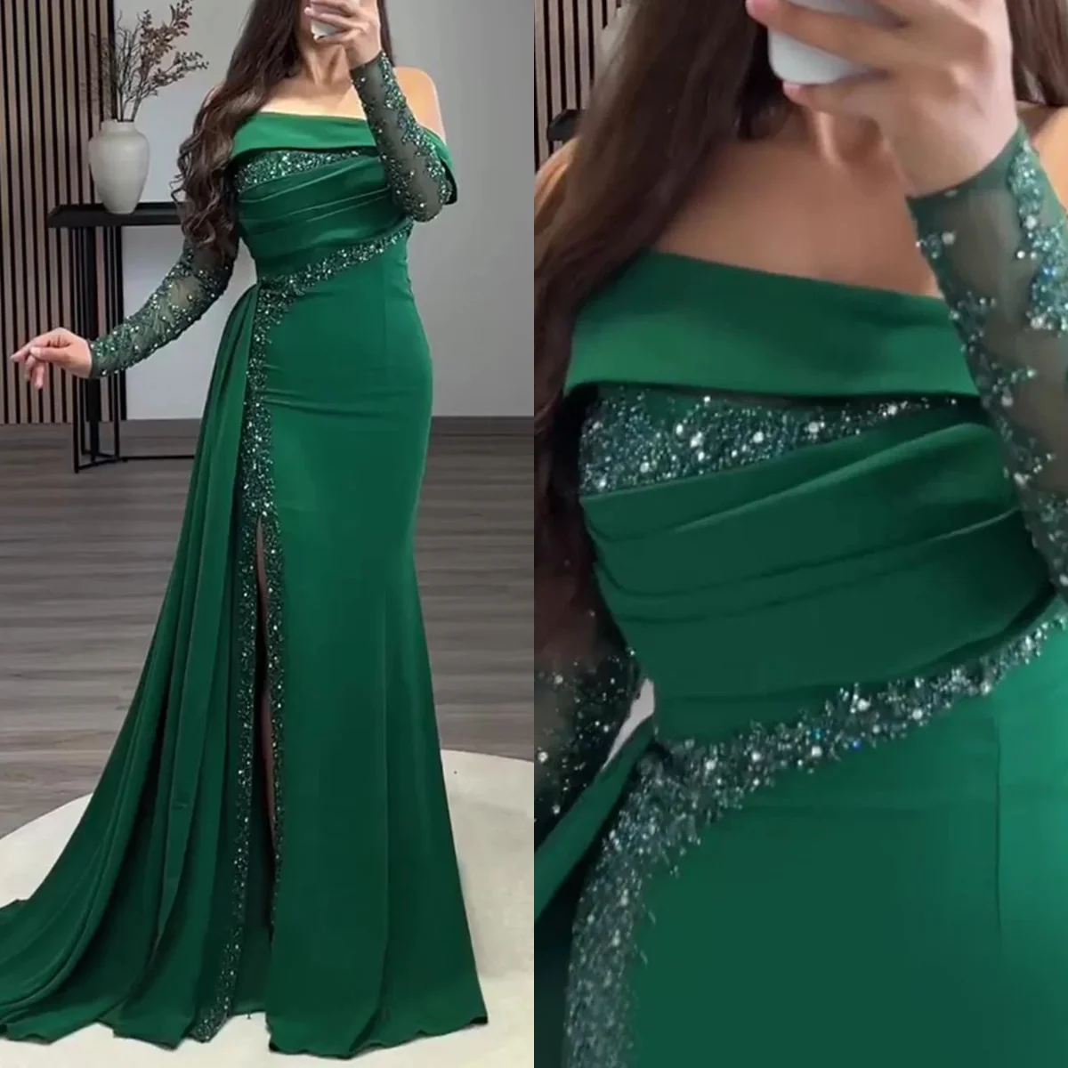 여성을위한 매력적인 녹색 이브닝 드레스 맞춤형 아랍어 인어 베스 티도스 드 갈라 오프 숄더 풀 슬리브 비즈 댄스 파티 드레스