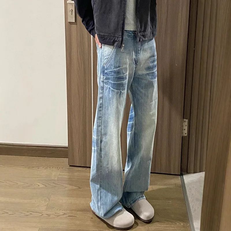 

American High Street Straight Leg Micro Flared Jeans Washed With Water Look Slimmer Suitable Both Men Women in Light Blue