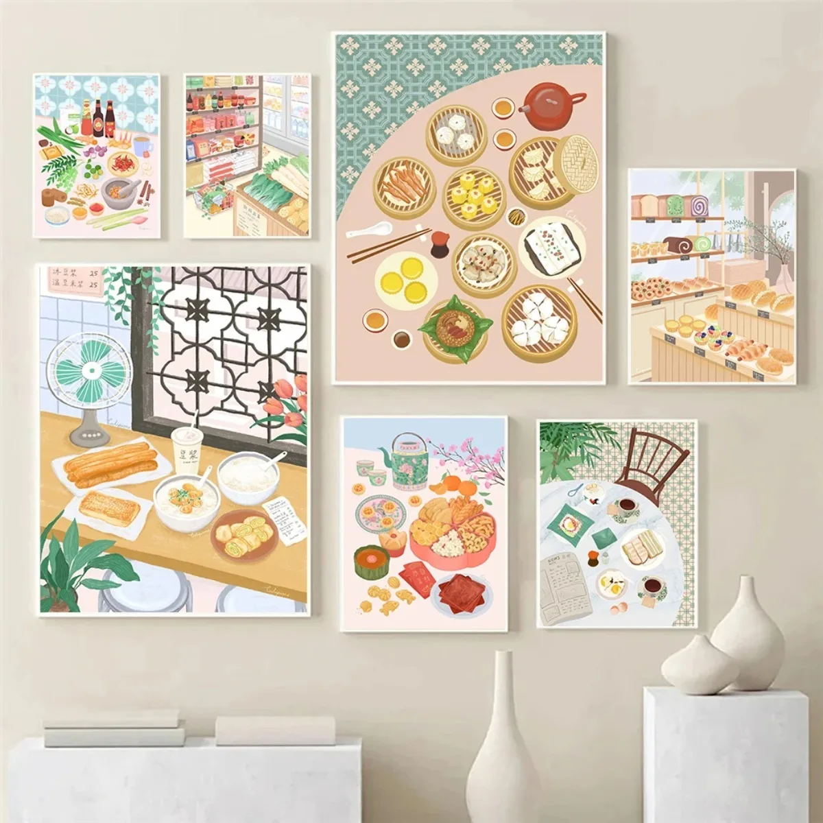 1PC frameless decorative art print,1pc frameless canvas Retro Chinese Asian Food Illustration Grocery Store Dim Sum Coffee Poste