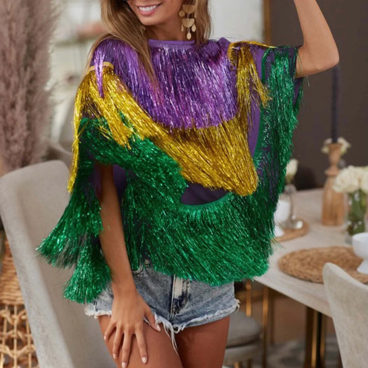 European and American Fashion Carnival Party Wire Poncho Top, Women Spell Color Tassel Bat Sleeve Cape Patchwork Pullover Top