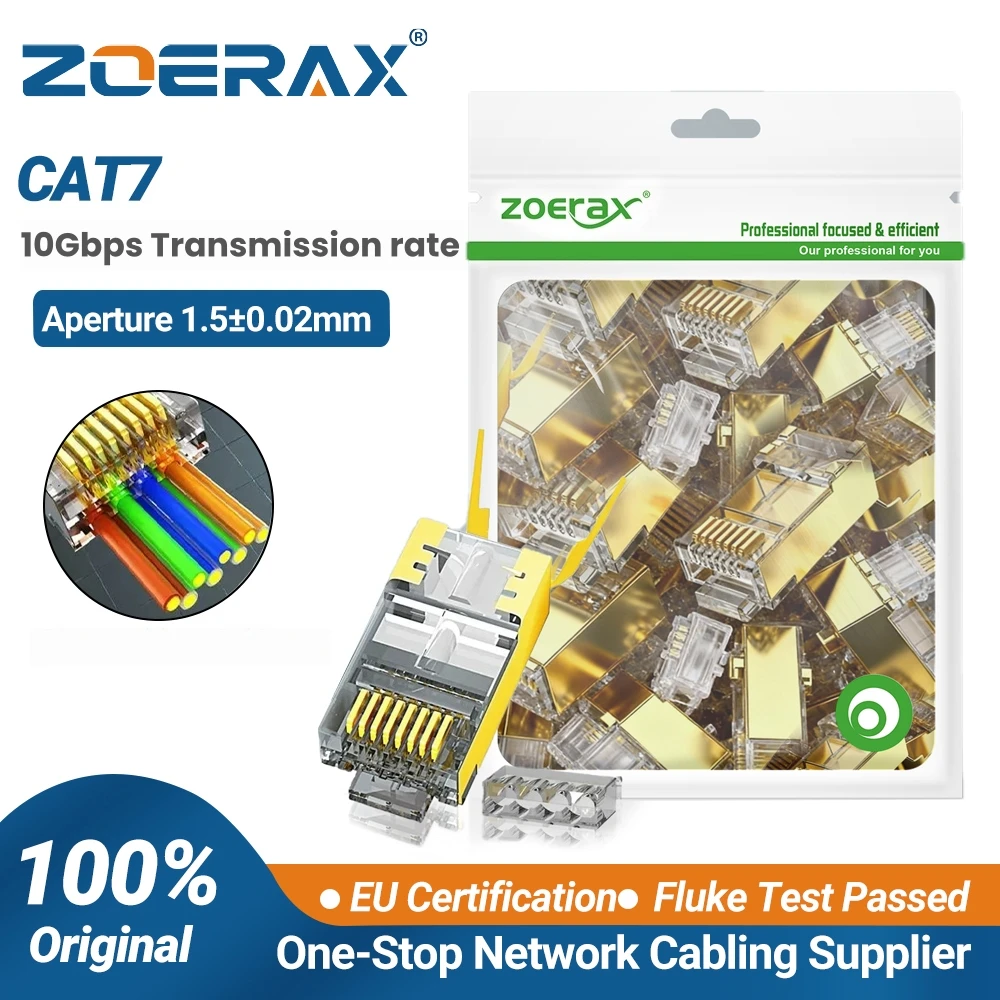 ZoeRax RJ45 Cat8 Cat7 & Cat6A Pass Through Connectors 8P8C 50UM Gold Plated Shielded FTP/STP | RJ45 Network Modular Plug - 1.5mm