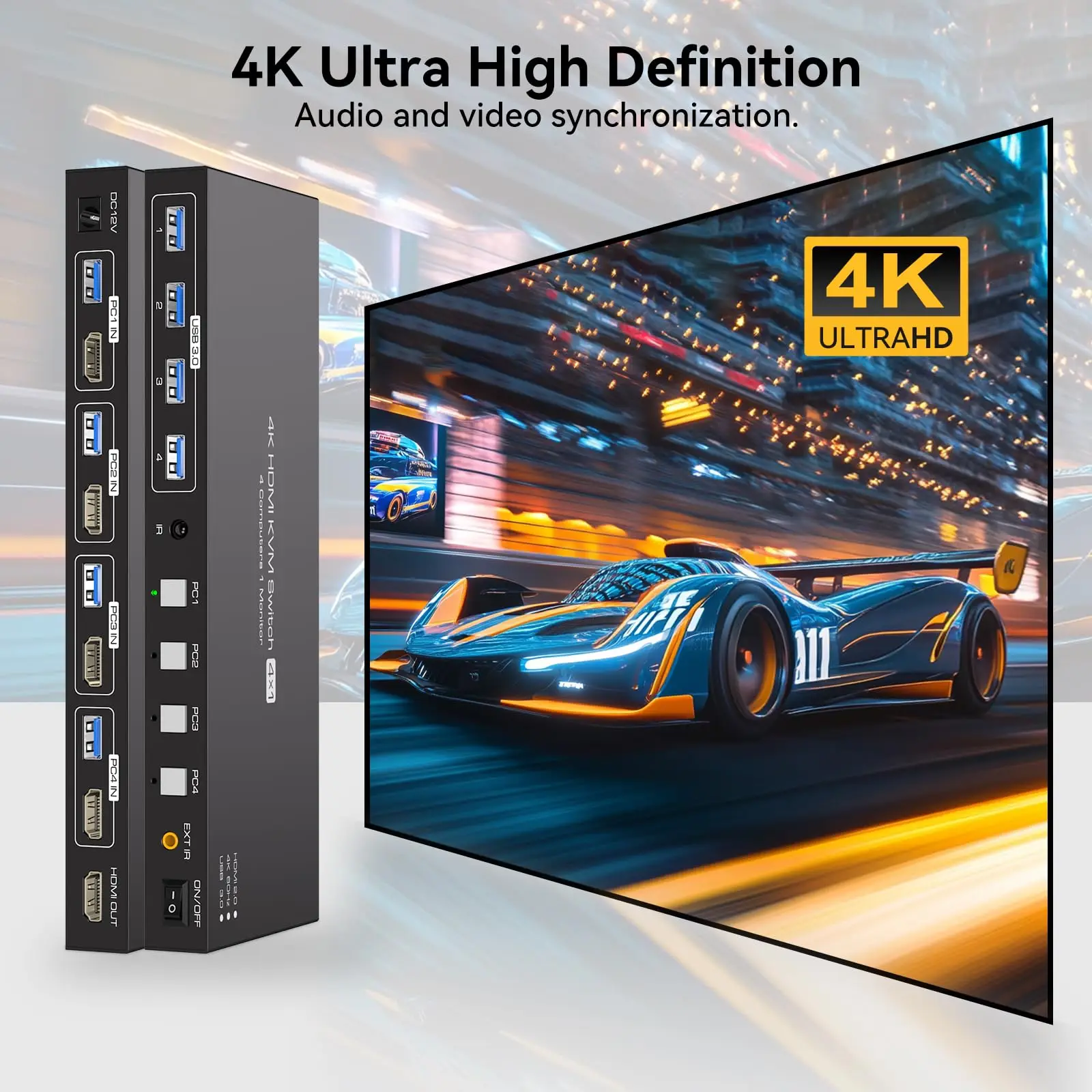 KVM-переключатель USB 3.0 HDMI 4 компьютера EDID 4K при 60 Гц/8K при 60 Гц 4-портовый KVM для совместного использования 4 ПК 1 монитор и 4 устройства USB 3.0 2K при 120 Гц