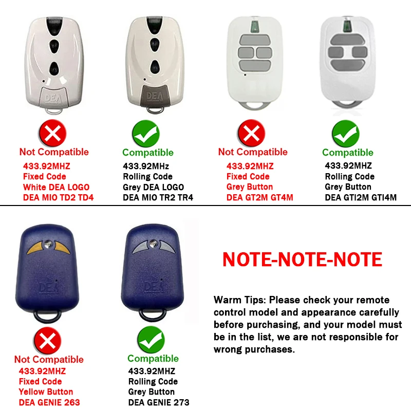 DEA Remote Control DEA GT2 GT4 GTI2N GTI4N MIO TR2 TR4 433.92MHz Garage Door Remote Control Gargage Command Rolling Code
