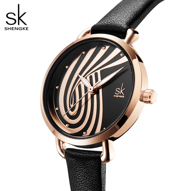 Shengke Original Design Women Watches Fashion Black Leather Strap Woman\'s Quartz Wristwatches New Ladies Clock  Relogio Feminino