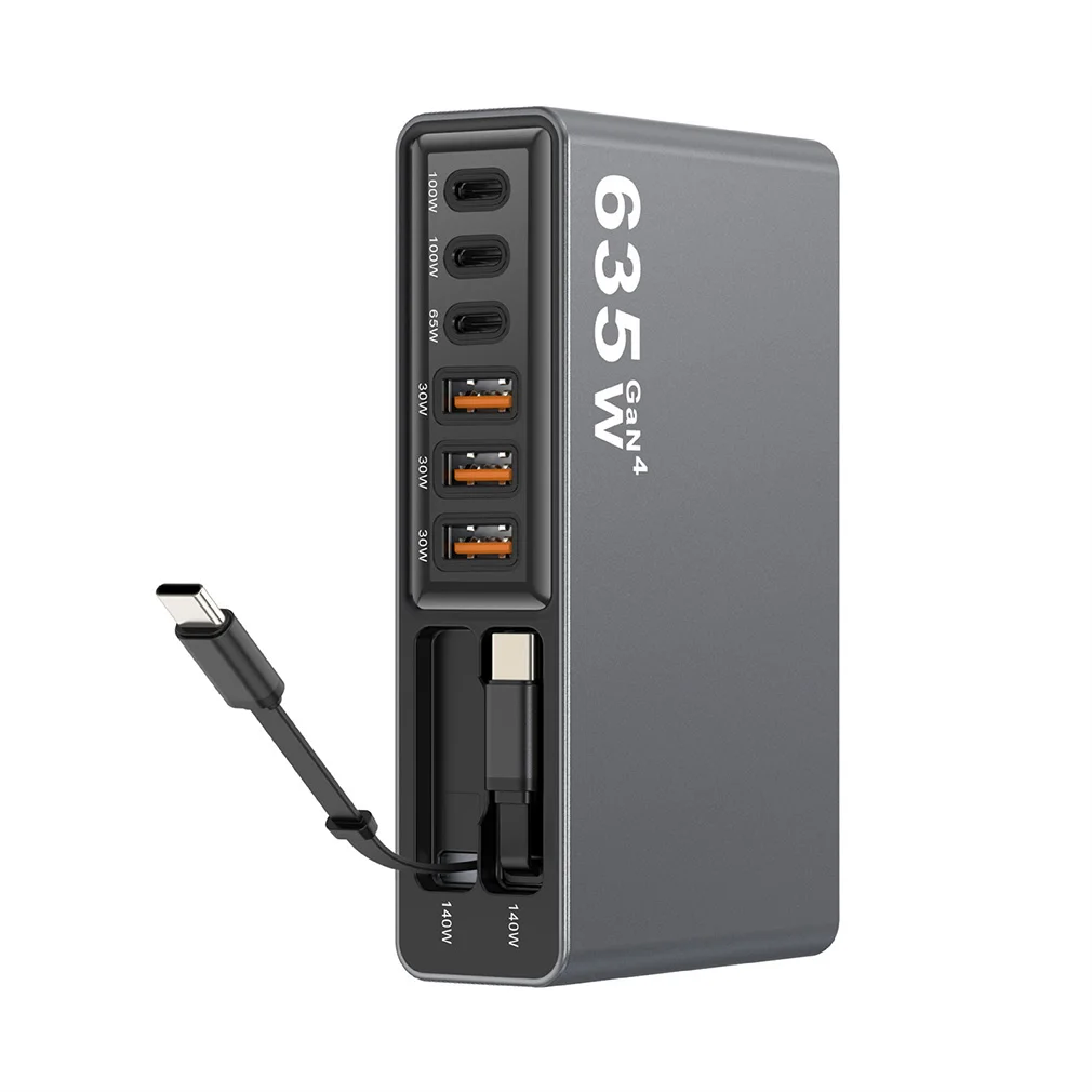 8-in-1 635W GaN Fast Charger Station with 140W Retractable USB C Cable Charging for iPhone 17 Samsung Laptop Tablet Dropshipping