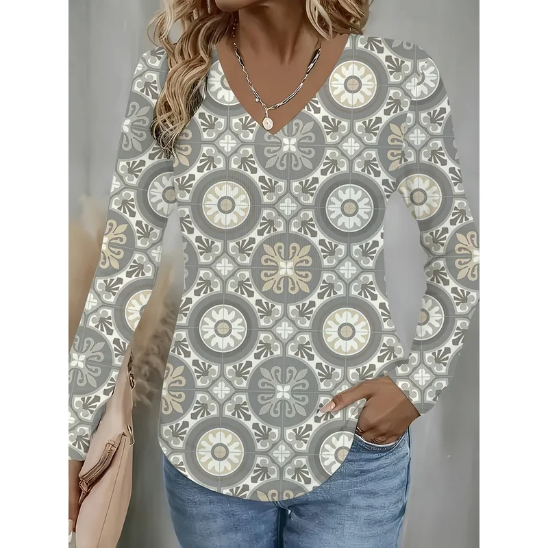 Women Casual Long Sleeve V Neck T Shirt Geometric Floral Leaf Motif Round Design Daily Wear Lightweight Soft Comfy Fashion Top