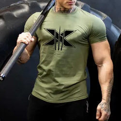 Men's Gym Fitness Clothing Man Cotton Sports Short Sleeve T-shirt Running Training Slim Printed Shirt Sweatshirt Casual Tops