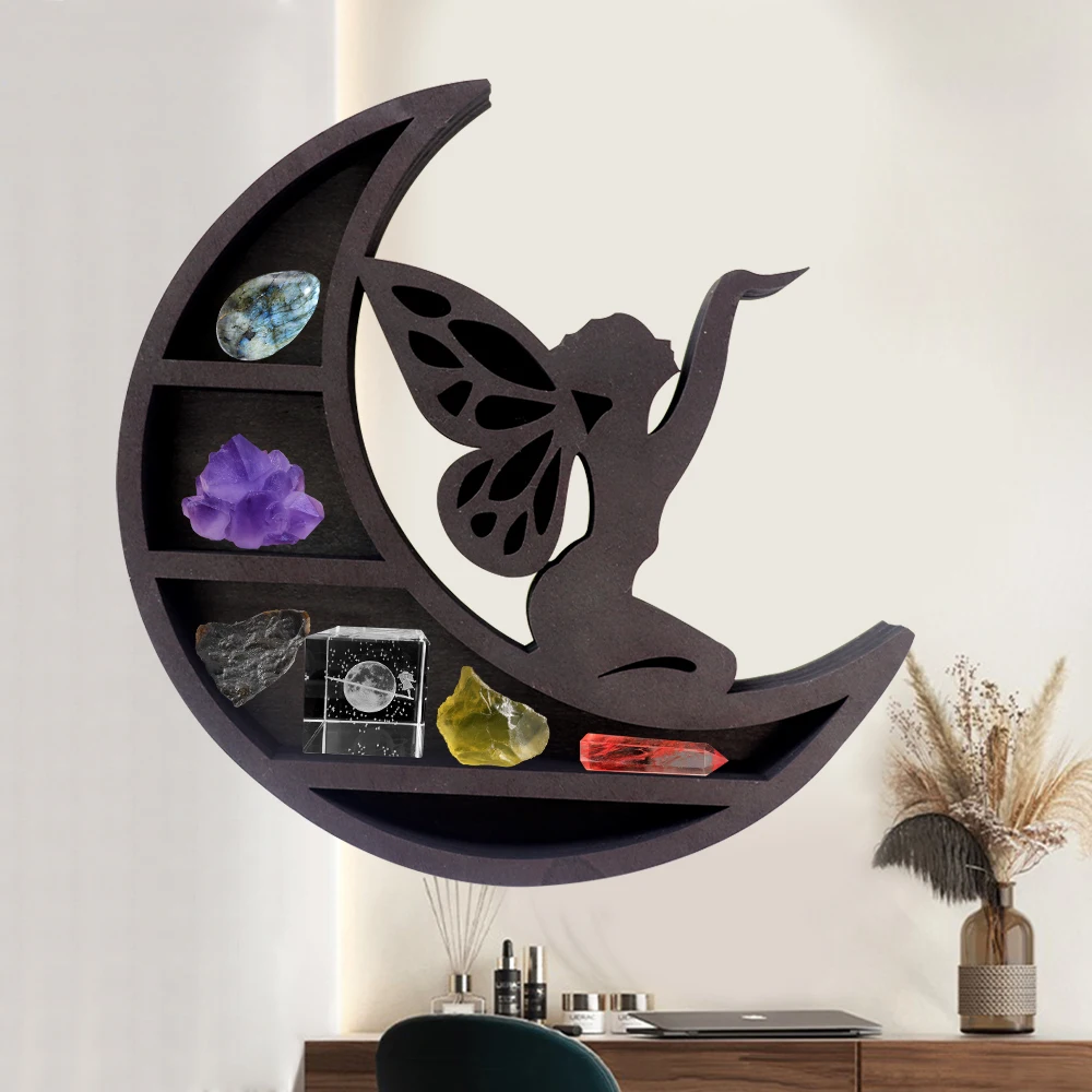 Wooden Crystal Display Shelf Cat on The Moon Wood Shelf Heart Black Cat Design for Living Dinning Room Bed Storage Home Decor