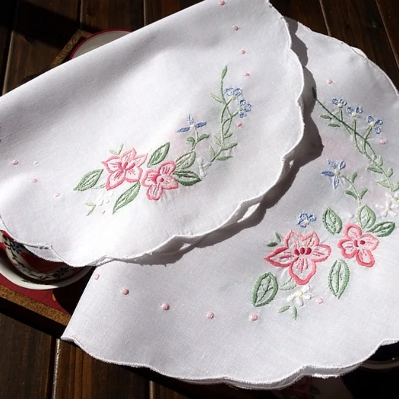2pcs Oval American Retro Pastoral Pure Cotton Hand-embroidered Placemat Cover 30X40 32X47CM