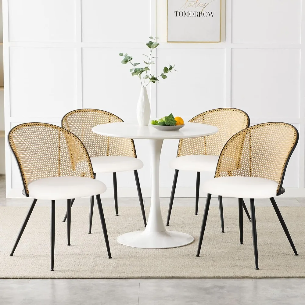 

4-piece Dining Chair Set, Mid-century Modern Dining Chairs, Full Rattan Back, Faux Leather Kitchen Dining Chairs