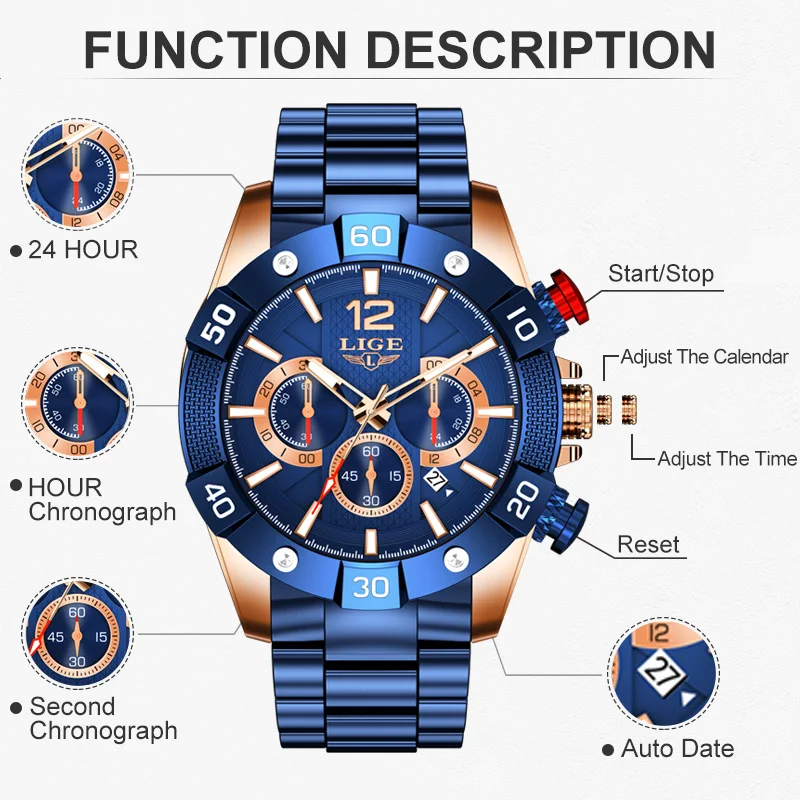 LIGE Mens Watches Chronograph Sport Stainless Steel Wristwatch Large Dial Quartz Clock with Luminous Pointers Watch for Men+Box