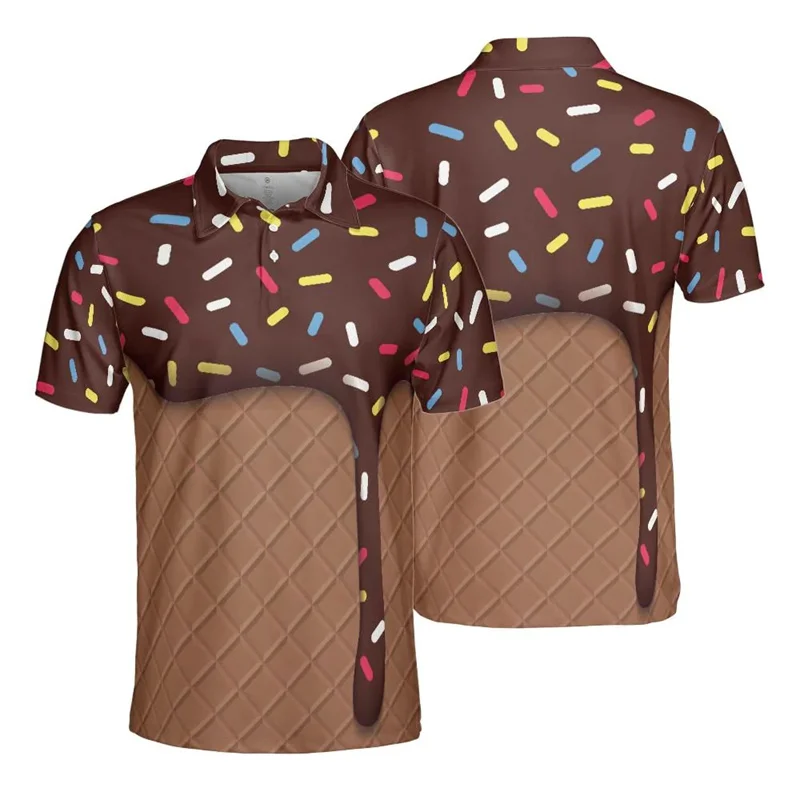 Short Sleeve Polo Shirt 3D Printed Ice Cream For Men Women Casual And Fun Clothing Button T-shirt Chocolate Chip Graphic T-shirt