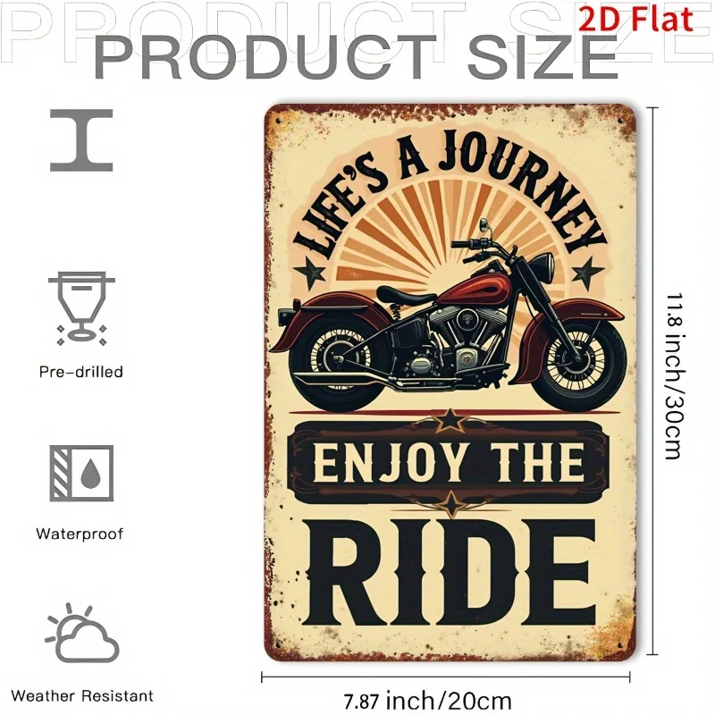 Motorcycle Vintage Metal Wall Sign, Inspirational Journey Quote, 2D Flat Aged Effect Plaque for Porch Garden Living Room Decor