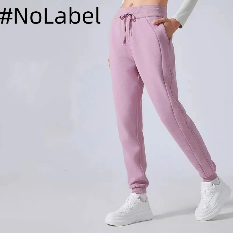 NoneLabelCollection Yoga Cuffed Pants Women Winter Fleece Sweatpants Pockets Warm Elastic Waist Drawing Loose Ninth Sports Pants