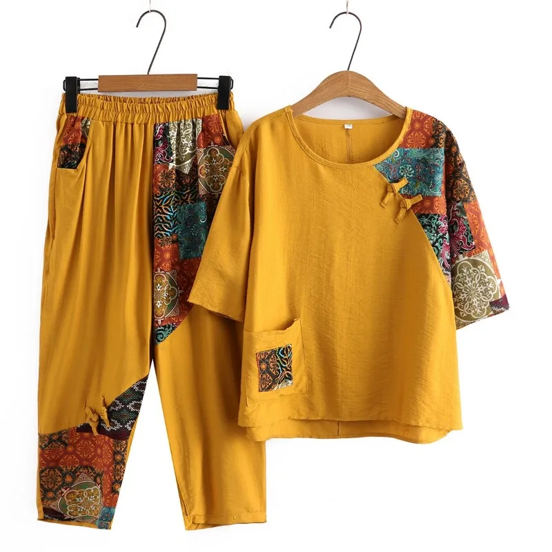 

Летний хлопково-льняной костюм для женщин среднего и старшего возраста в ретро-этническом стиле: футболка с коротким рукавом и брюки, комплект из двух предметов