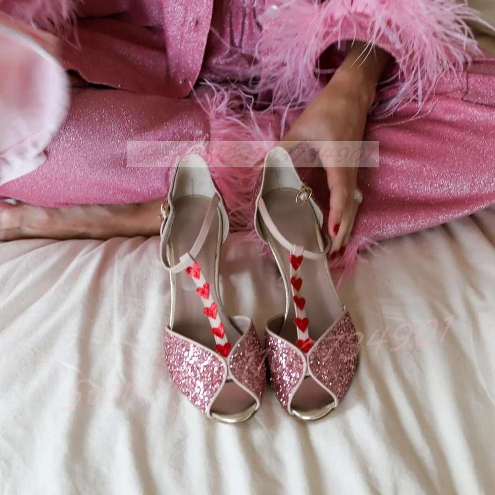 Pink Glitter Heart-Shaped Heeled Sandals Women T-bar Peep Toe Cover Heel Shoes Lady Fashion Party Ankle Strap Shiny Sandals - view 2
