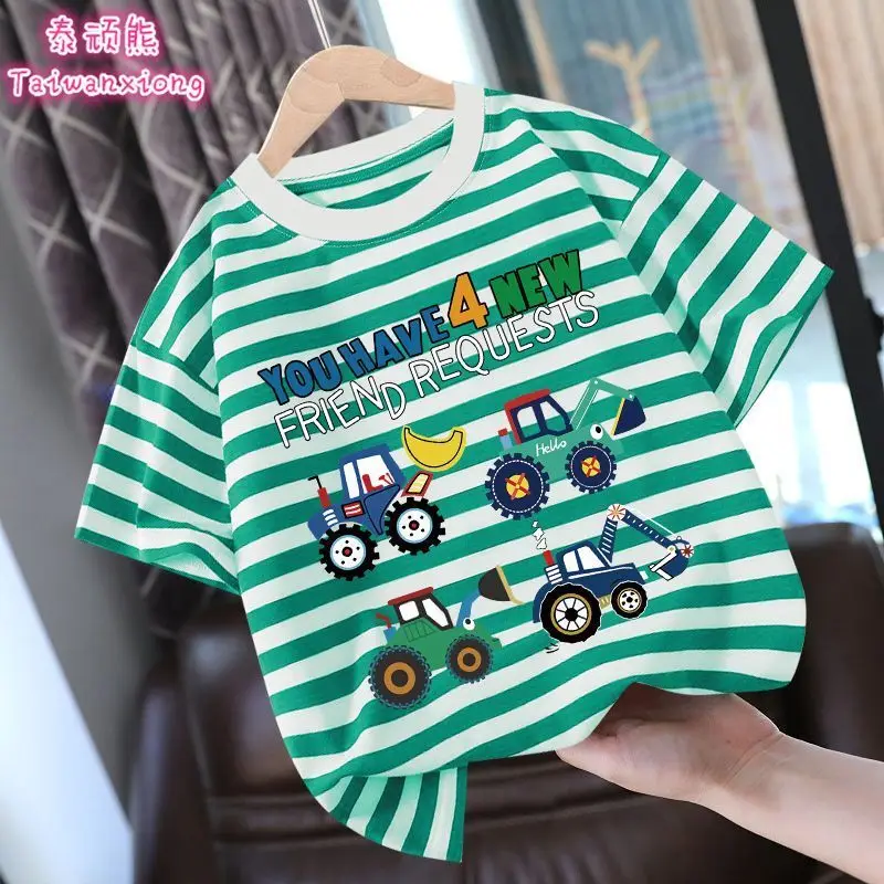 

Pure Cotton Children's Clothing Boys Short-sleeved T-shirt Summer Clothing Handsome Fried Street Rainbow Striped Half-sleeved