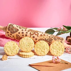 1pc 13.7in Wooden Butterfly Pattern Embossed Rolling Pin For Kitchen Pastry Baking Tools Petal Deep Engraving Cookies Stamp Tool