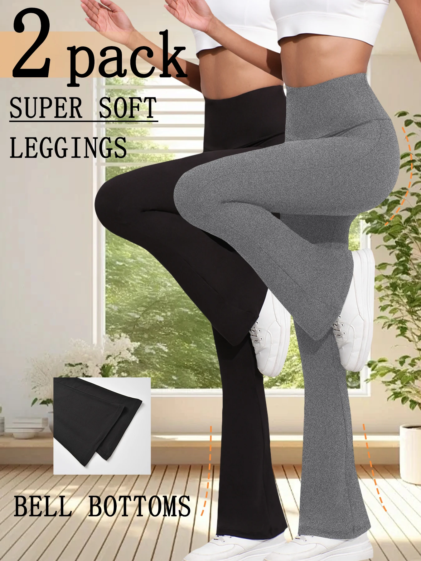 2枚組 レディース スーパーソフト フレアパンツ ハイウエスト お腹コントロール ワークアウト ヨガ プッシュアップ ジム フィットネス ロングレギンス ベルボトム