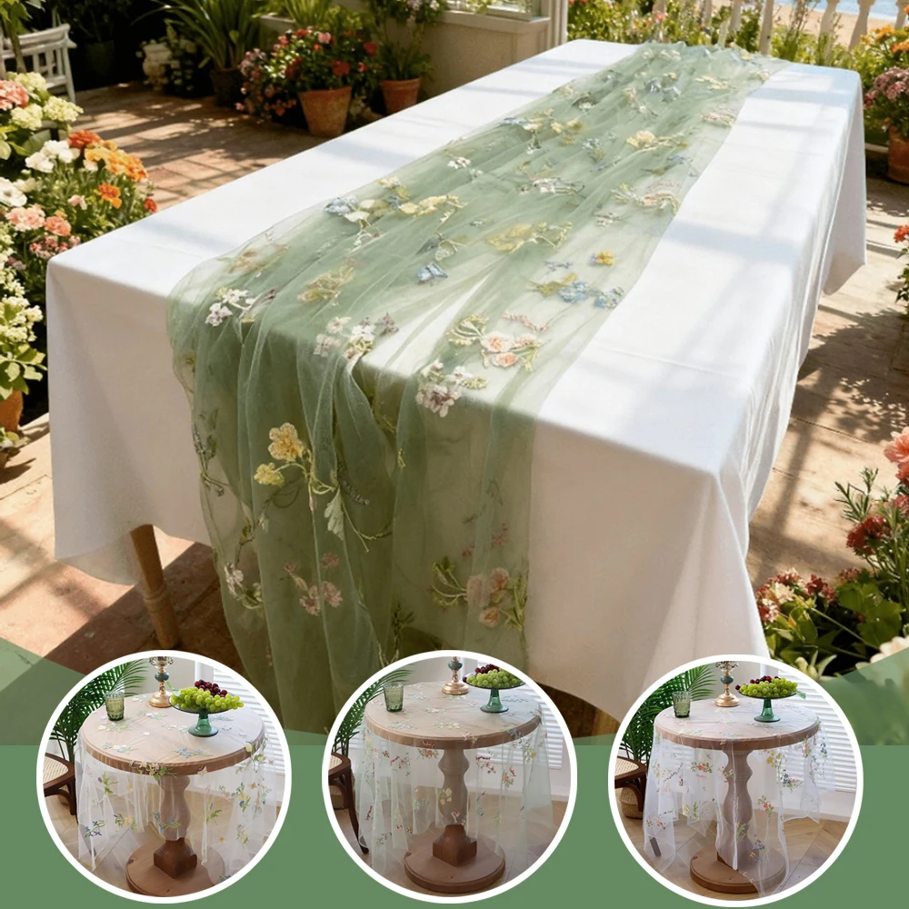 

Flower Butterfly Tablecloth Embroidered Lace Table Runner Soft Dining Tables Decoration Wedding Party Romantic Gauze Table Cover