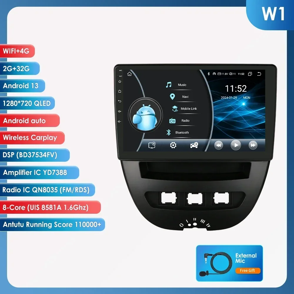 6115 Android Autoradio voor Peugeot 107 Toyota Aygo Citroen C1 Autoradio Multimedia Scherm Draadloze Carplay GPS Audio 2 Din Speler