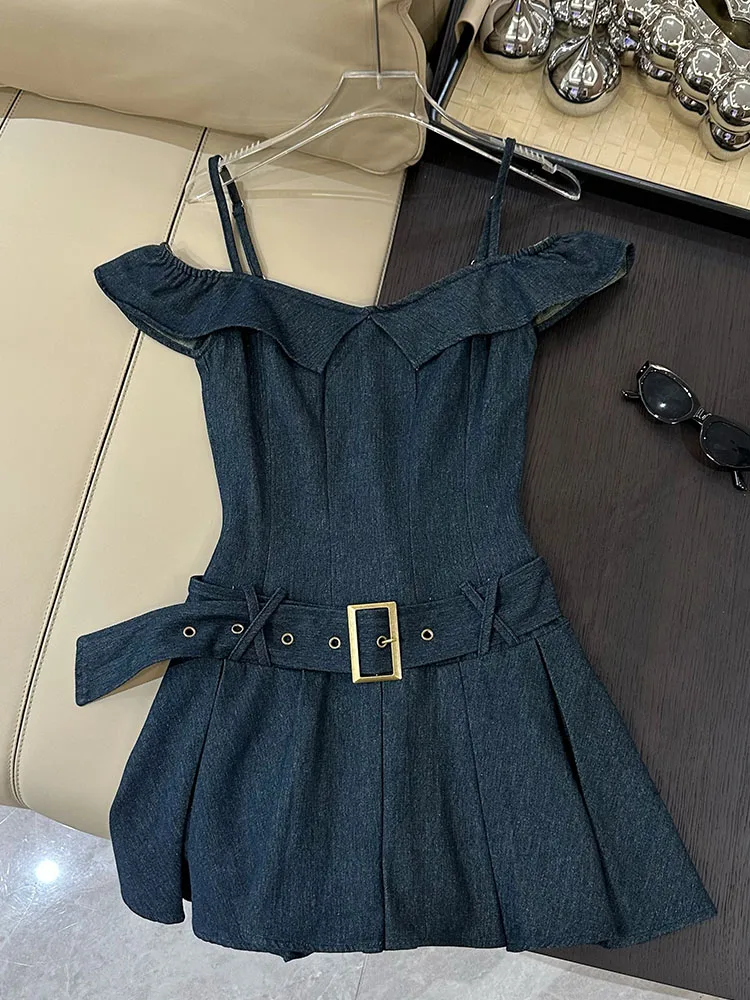 Summer Ballet Core Mini Denim Dress Women 2000s Slash Neck Frocks With Belt Party Old Money Prom Gown One-Piece Coquette Gyaru