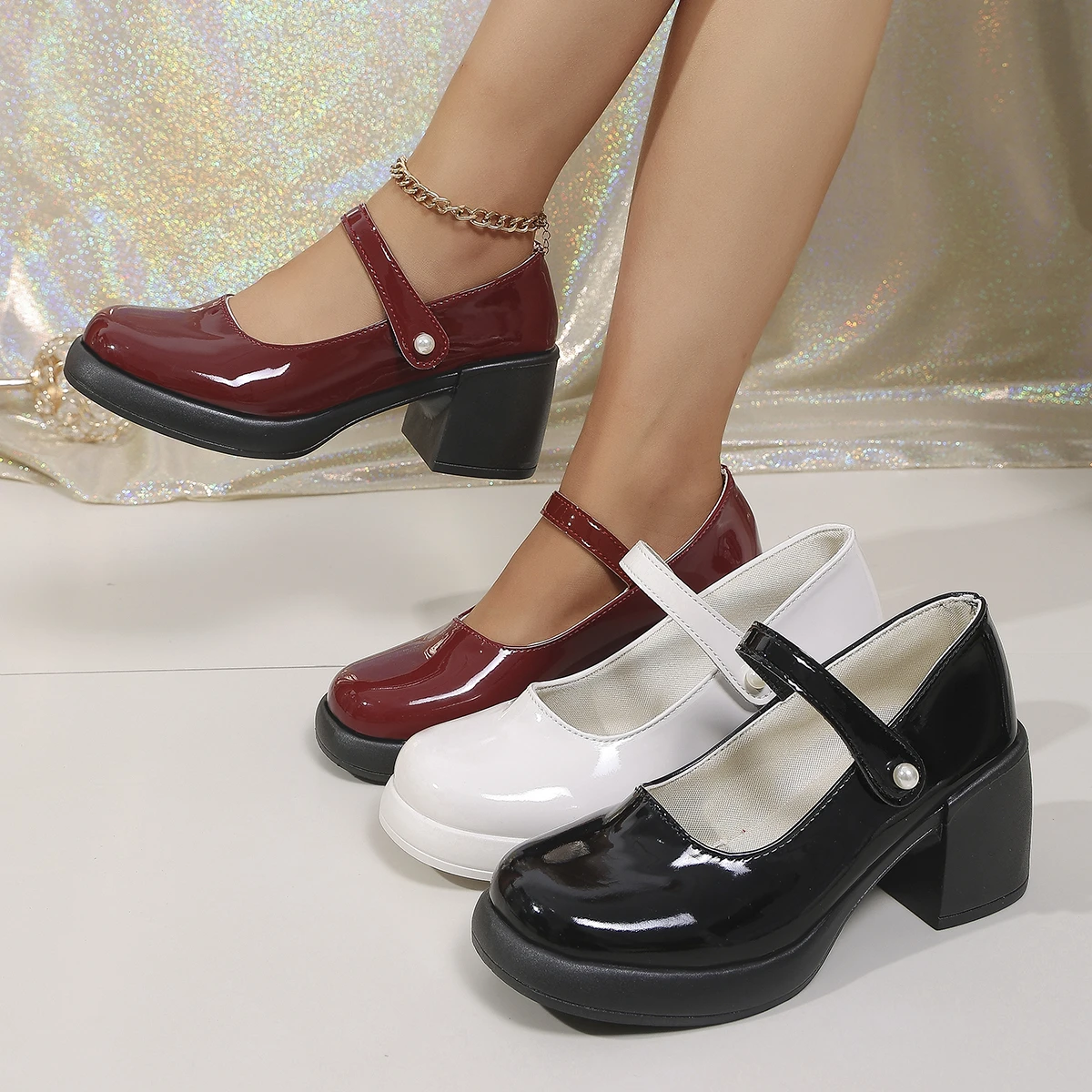 Women's 2026 New Patent Leather Pearl Buckle Design Mary Jane Shoes Spring Summer Retro College Style Thick Heel Low-top Shoes