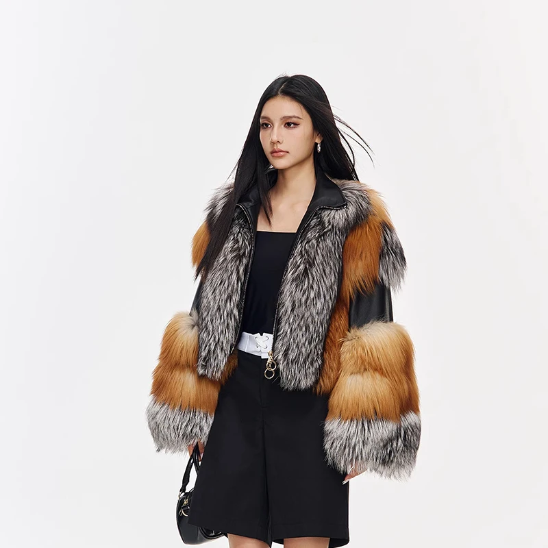 Ftangaiur mulheres inverno importação casaco de pele de raposa manga longa feminino colorido casacos de raposa turn-down colarinho curto casacos de pele de raposa natural