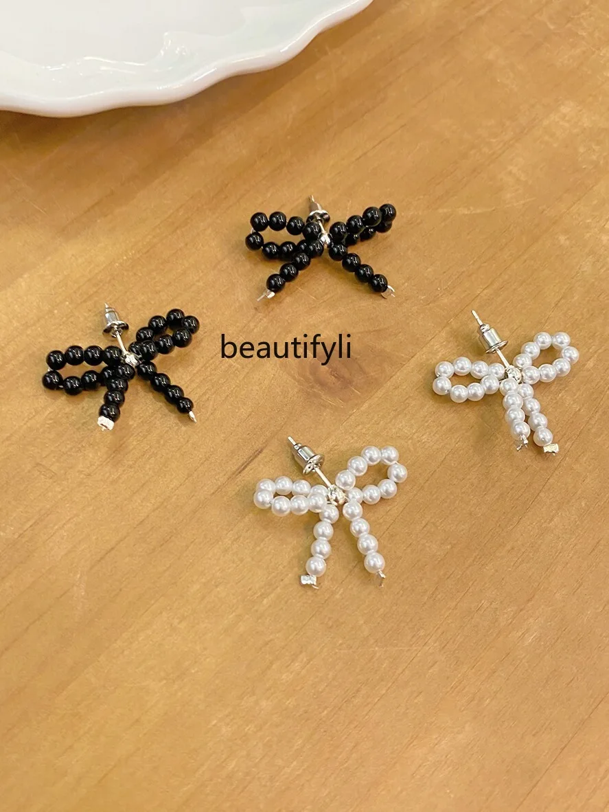 

INS Sweet Cute Small Bead Bowknot Silver Stud Earrings Women's Sweet Grace Spring and Summer Trendy Earrings