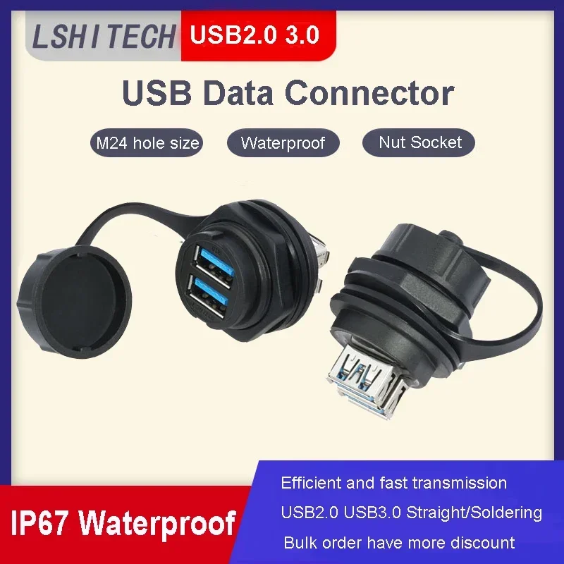 LU25 IP67 Waterproof Double Plug Coupler Female Socket Jack Solder M25 Data Adapter USB2.0 3.0 Panel USB Connector With Dust Cap