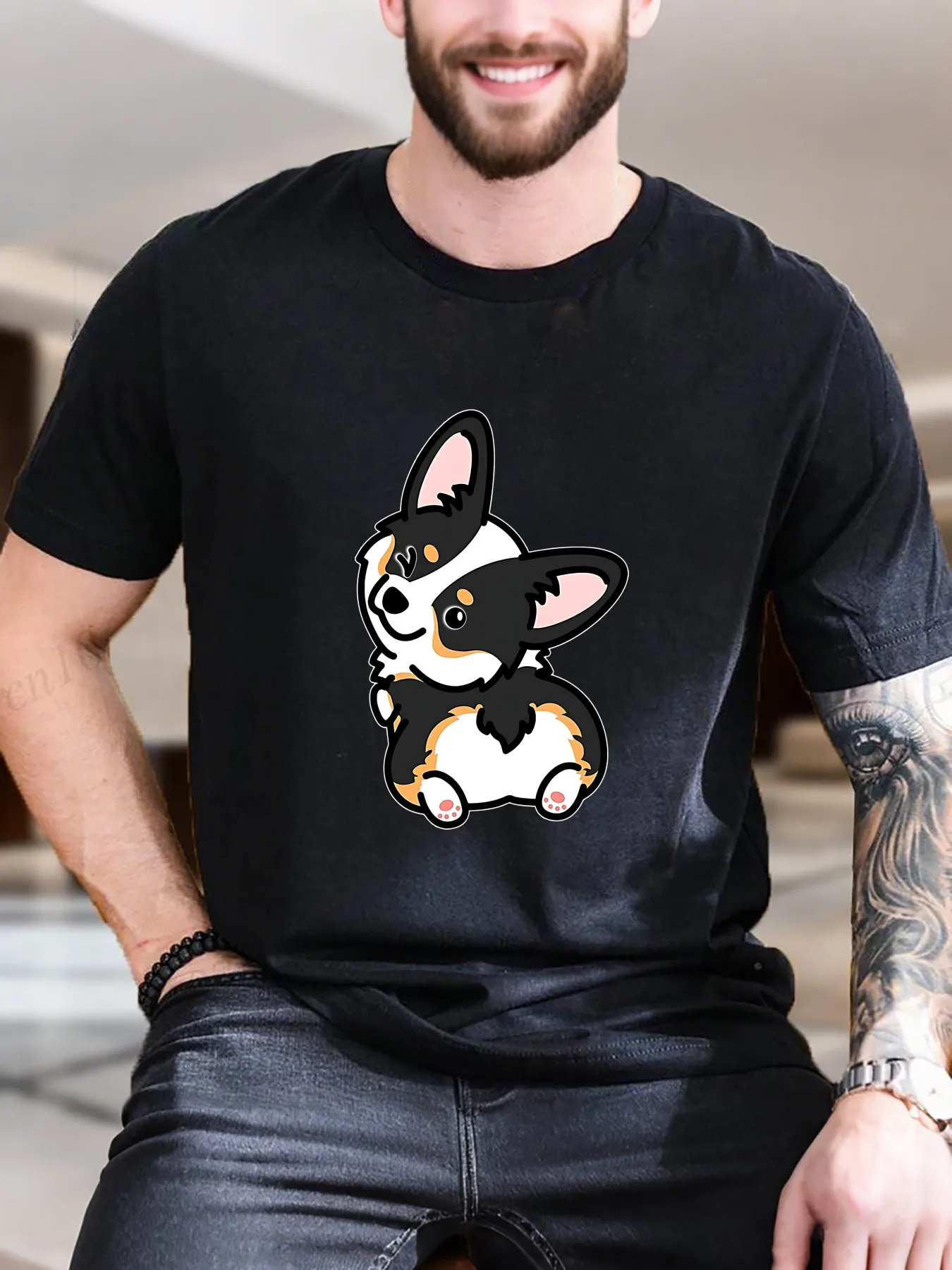 

Men's Graphic Print T-Shirt - Cartoon Dog with Black & Tan Face Design, 100% Cotton Comfortable Casual Tee, Summer Trendy Top for Men