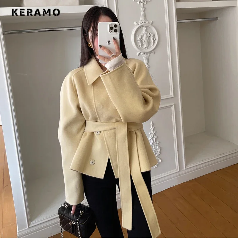 Casual Office Lady X-long Oversized Wool Jacket 2024 Winter Women Outerwear Loose Fit Solid Blends Belted Design Warm Coat