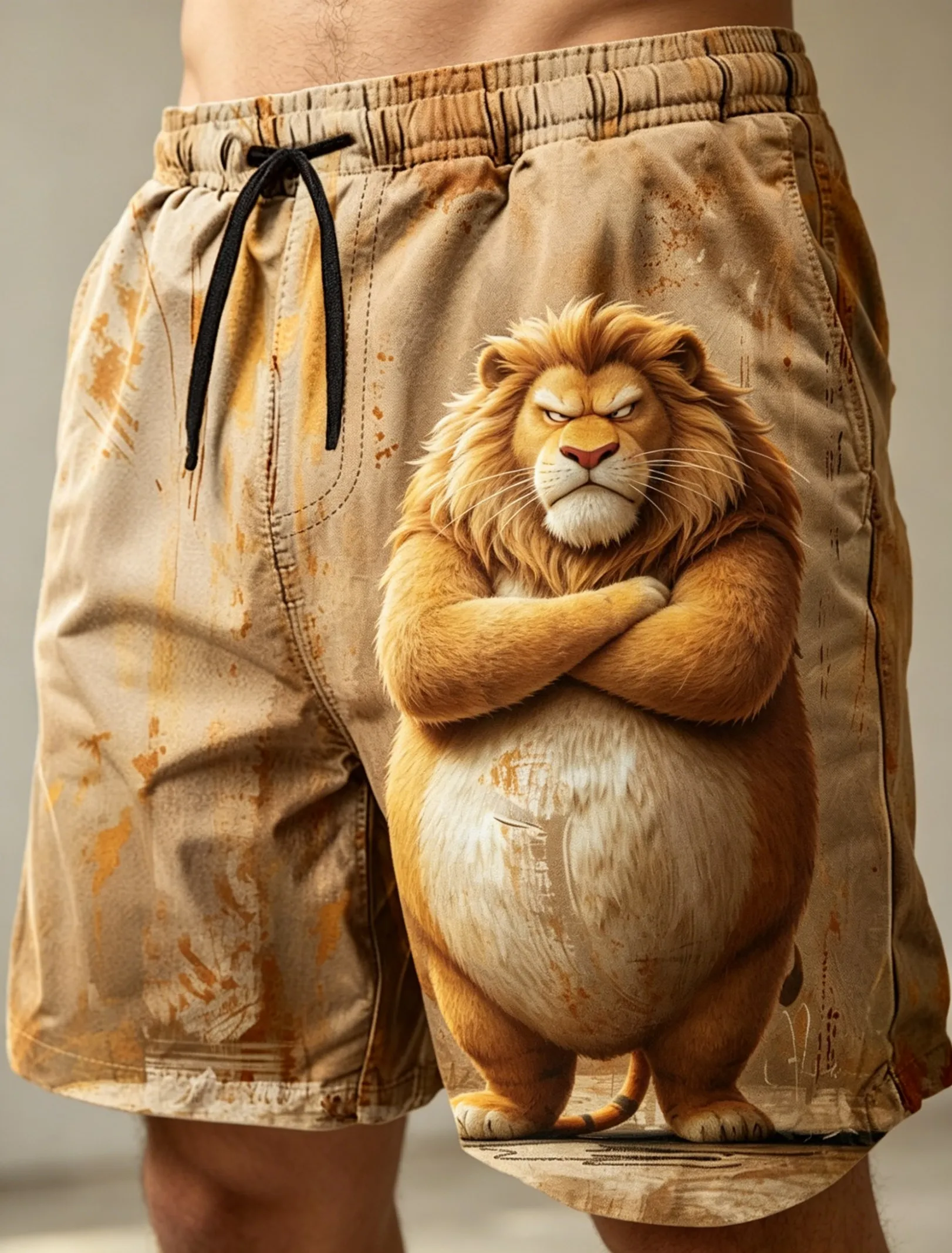 

Men's Drawstring Waist Funny Chubby Lion Print Casual Shorts, Summer Bottoms For Spring Summer Daily Outdoor Beach Vacation Wear