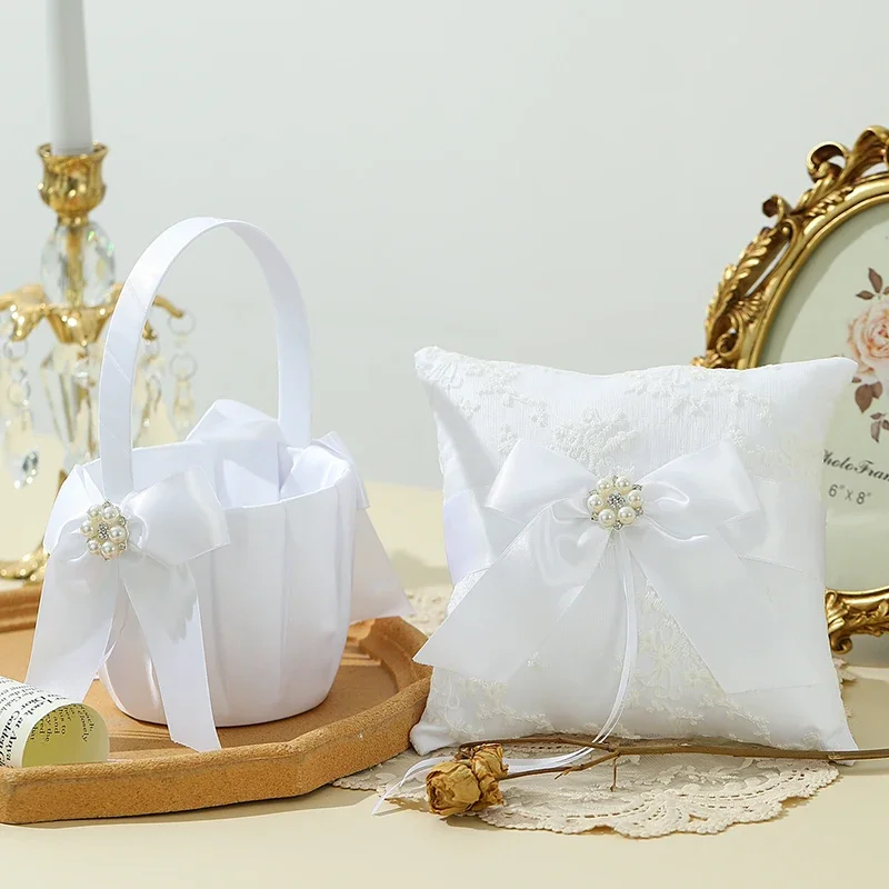 1pc Wedding Flower Girl Basket and Ring Bearer Pillow Set Satin Fairy Baskets for Wedding Party Silk Ribbon Bow Decoration