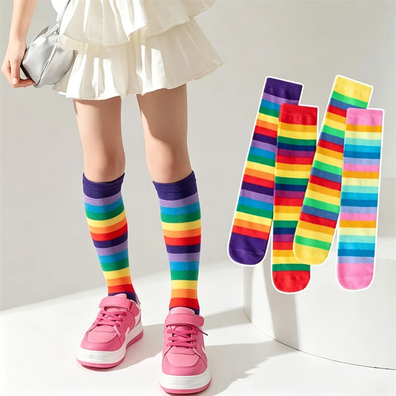 1Pair/2Pairs Rainbow Striped Kids Girls Knee High Socks Breathable Girl Boy Colorful Mid Tube Socks Toddler Children Long Socks