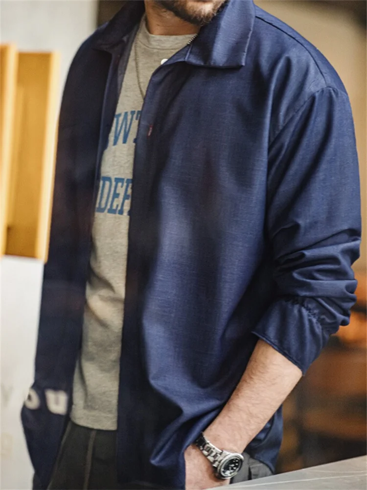 

Maden American Retro Style Loose Fit Long Sleeve Denim Shirt Men's Spring Thin Silk Simulation Casual Workwear Pure Color