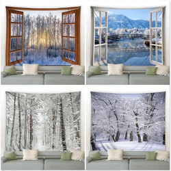 Window Outside Snowflake Forest Tapestry Winter Landscape Tapestries Wall Hanging Home Art Decor Blanket for Bedroom Living Room