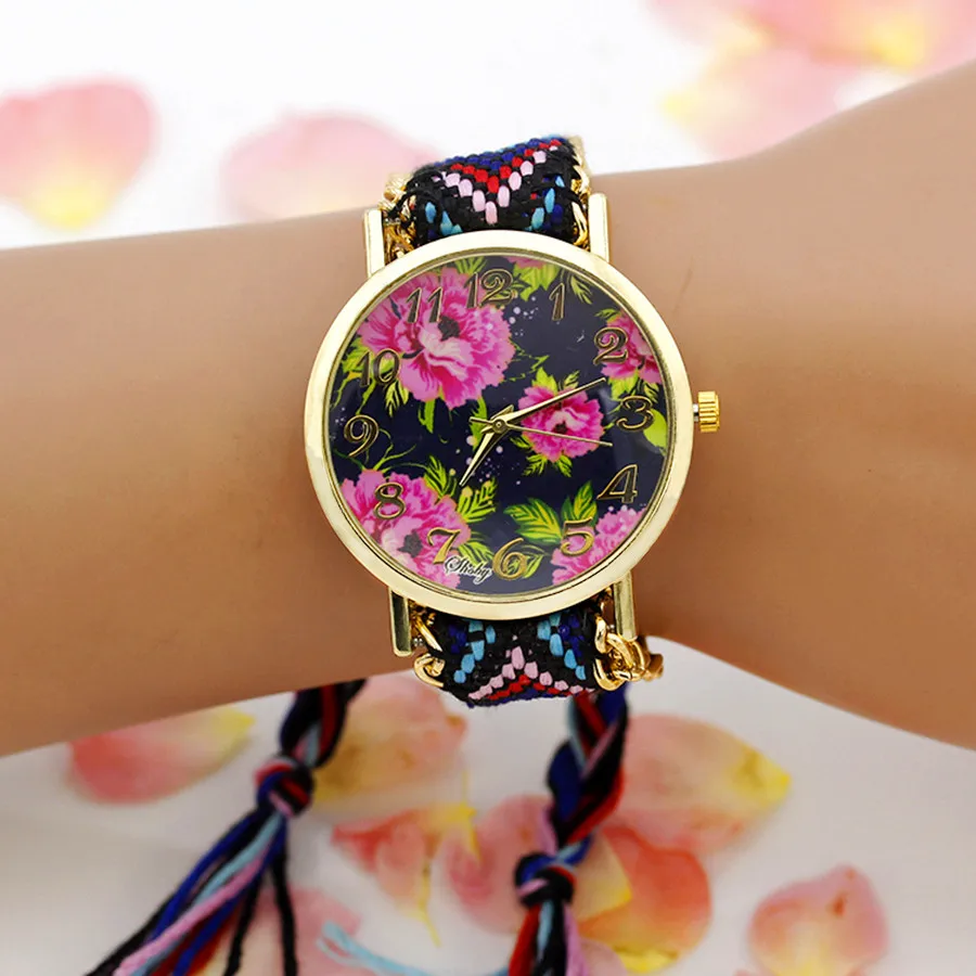 Shsby New Ladies Flower Woven Nylon Rope Wrist Watch Fashion Women Dress Watch High Quality Quartz Watch Sweet Girls Watch