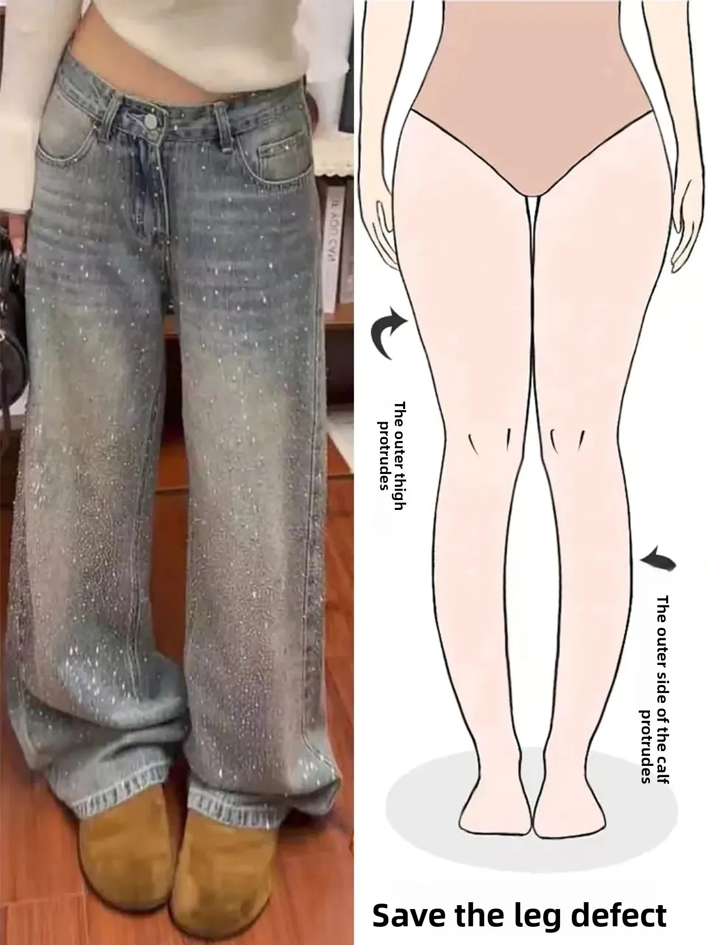 

Thickened Fleece Lined Loose Wide Leg Jeans Women's Retro American Style Diamond Studded High Waist Denim Trousers