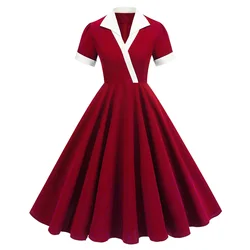 1950s 60s Hepburn Vintage Splicing Color Rockabilly Party Dress Women Autumn Winter Turn-down Collar A-line Evening Swing Dress