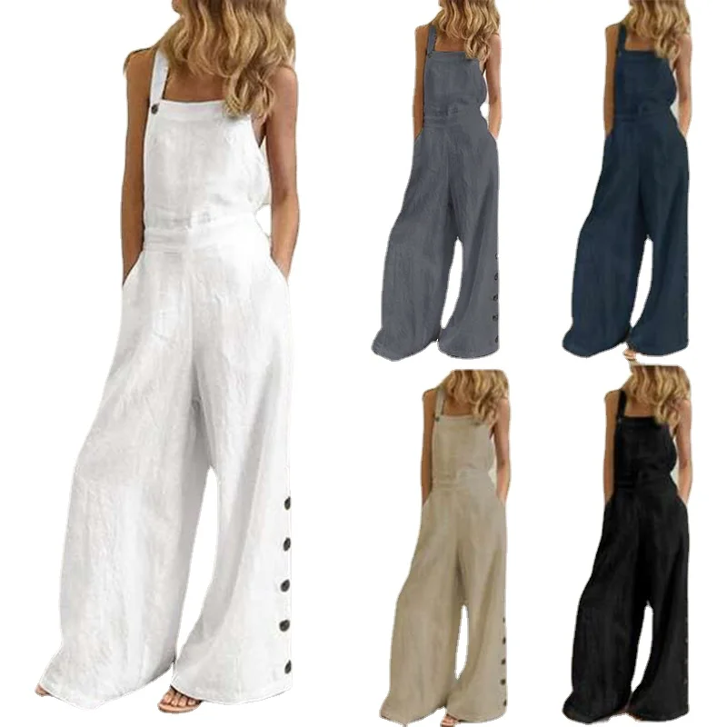 Women Spring Summer Loose Linen Jumpsuits Sleeveless Bib Overalls Siamese Button Wide leg Pants Long Trousers Plus Size 5XL